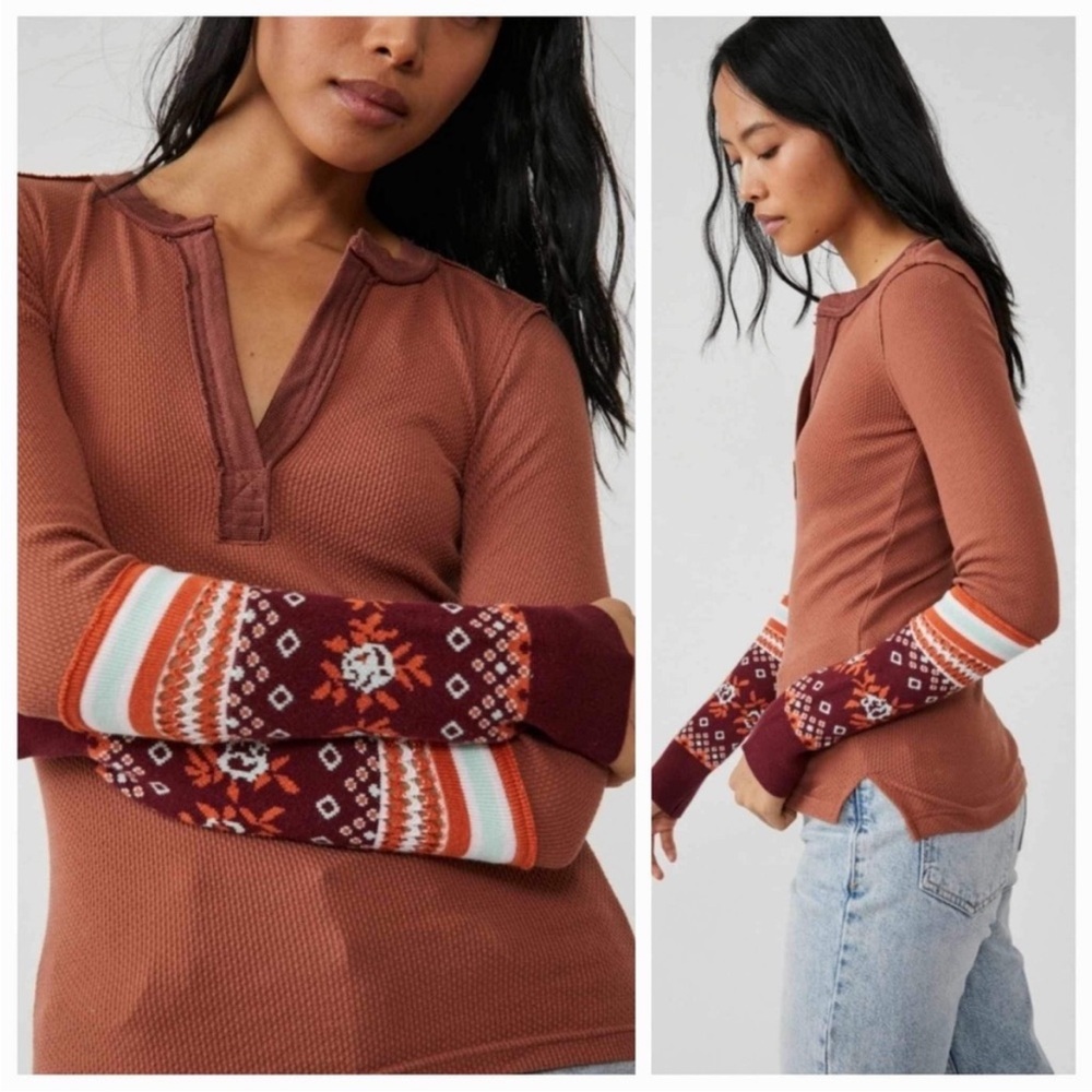 Free People Rust Waffle Henley with Patterned Maroon Cuffs - Picture 2 of 10